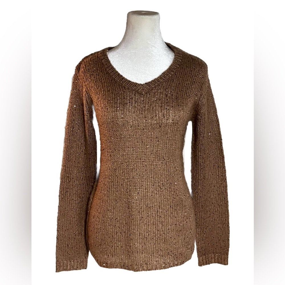 Carol Rose Brown Glitter Knit V-Neck Long Sleeve Sweater Ladies Size Medium